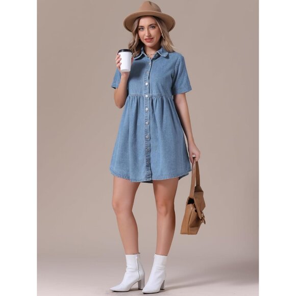 Women's Plus Size Denim Dress Babydoll Short Sleeve Button Down Mini - Picture 3 of 6